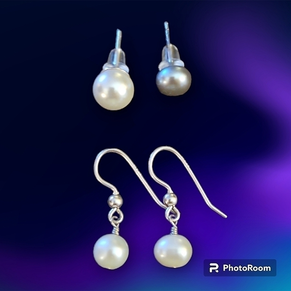 Set of Sterling Silver Pearl Earrings